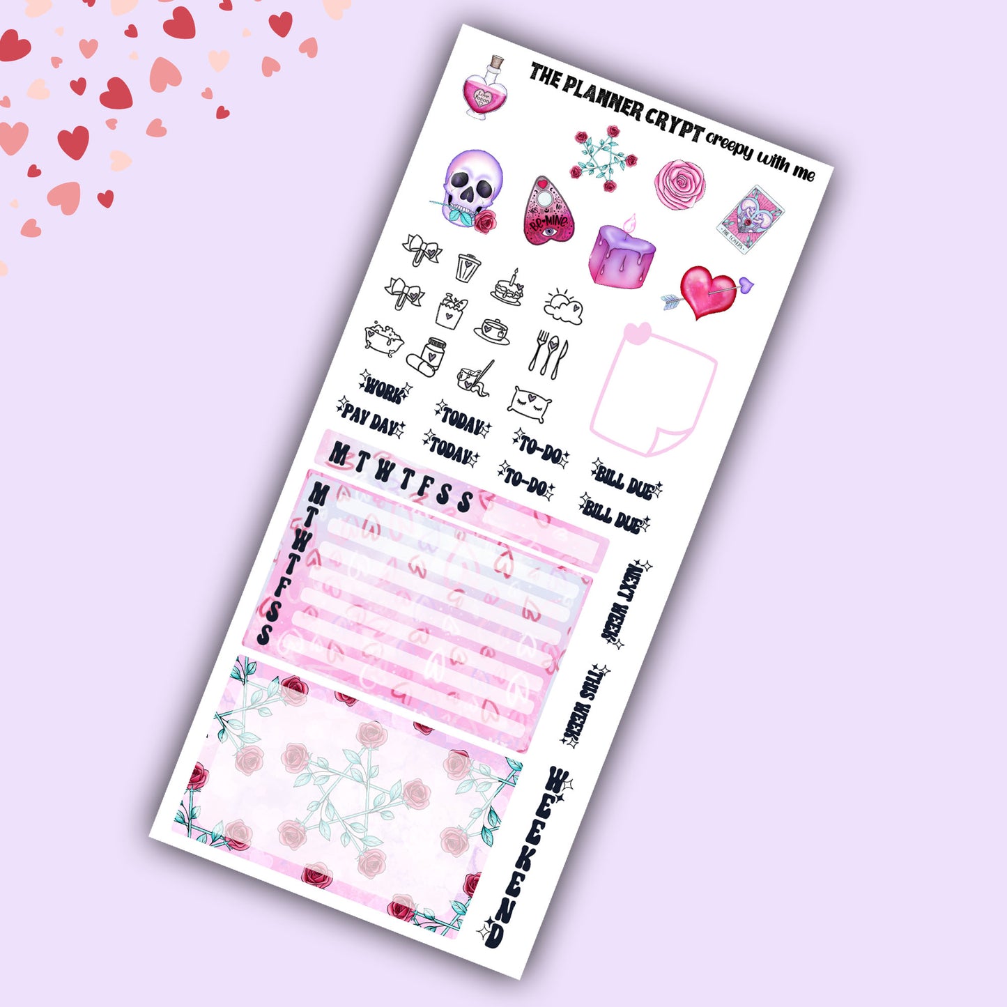 Spooky Valentines day hobonichi weeks, sticker kit, hobonichi planner, cute stickers, hobonichi functional stickers, small planner stickers