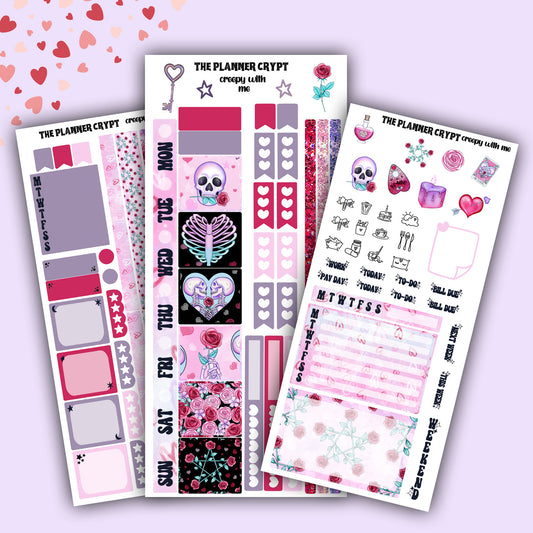 Spooky Valentines day hobonichi weeks, sticker kit, hobonichi planner, cute stickers, hobonichi functional stickers, small planner stickers