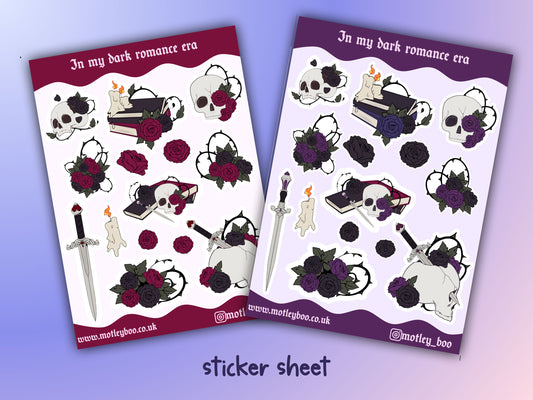 In my dark romance era sticker sheet, bookish stickers, gifts for, book lovers, book nerds, gothic romance, gothic stickers, skulls & books