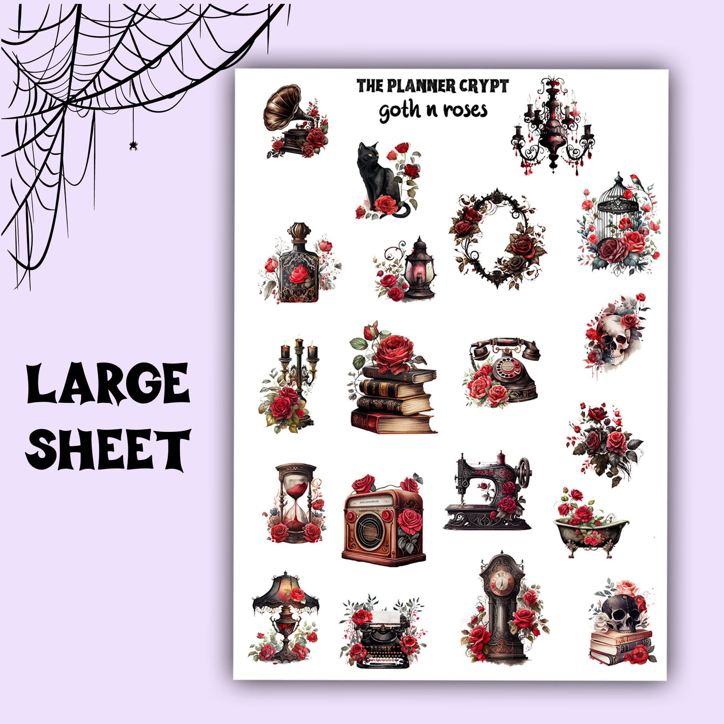 planner sticker sheet, deco stickers, spooky stickers, gifts for her, vertical planner, stickers, gothic planner, flower stickers
