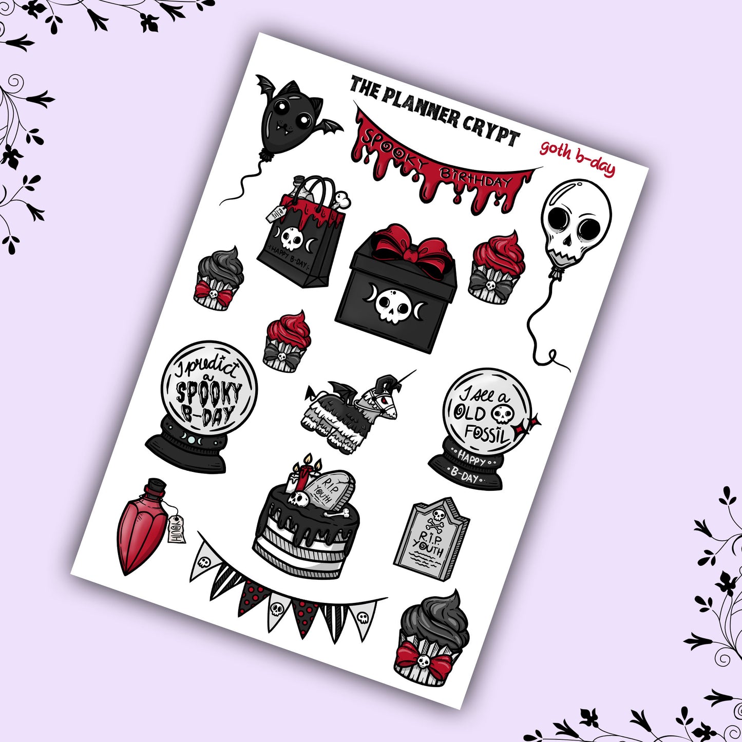 planner sticker sheet, birthday stickers, spooky stickers, goth birthday, gifts for her, vertical planner, stickers, gothic planner