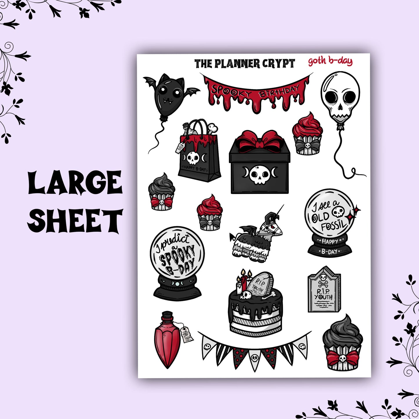 planner sticker sheet, birthday stickers, spooky stickers, goth birthday, gifts for her, vertical planner, stickers, gothic planner