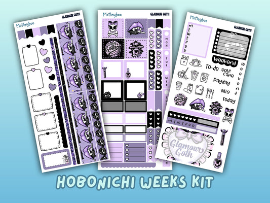 Hobonichi weeks, weekly planner sticker kit, goth planner stickers, bullet journal stickers, small planner stickers, goth glamour