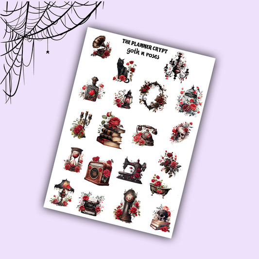 planner sticker sheet, deco stickers, spooky stickers, gifts for her, vertical planner, stickers, gothic planner, flower stickers