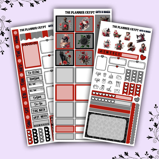 Hobonichi weeks, weekly sticker kit, hobonichi planner, goth girl stickers, functional sticker, planner stickers, goth n roses