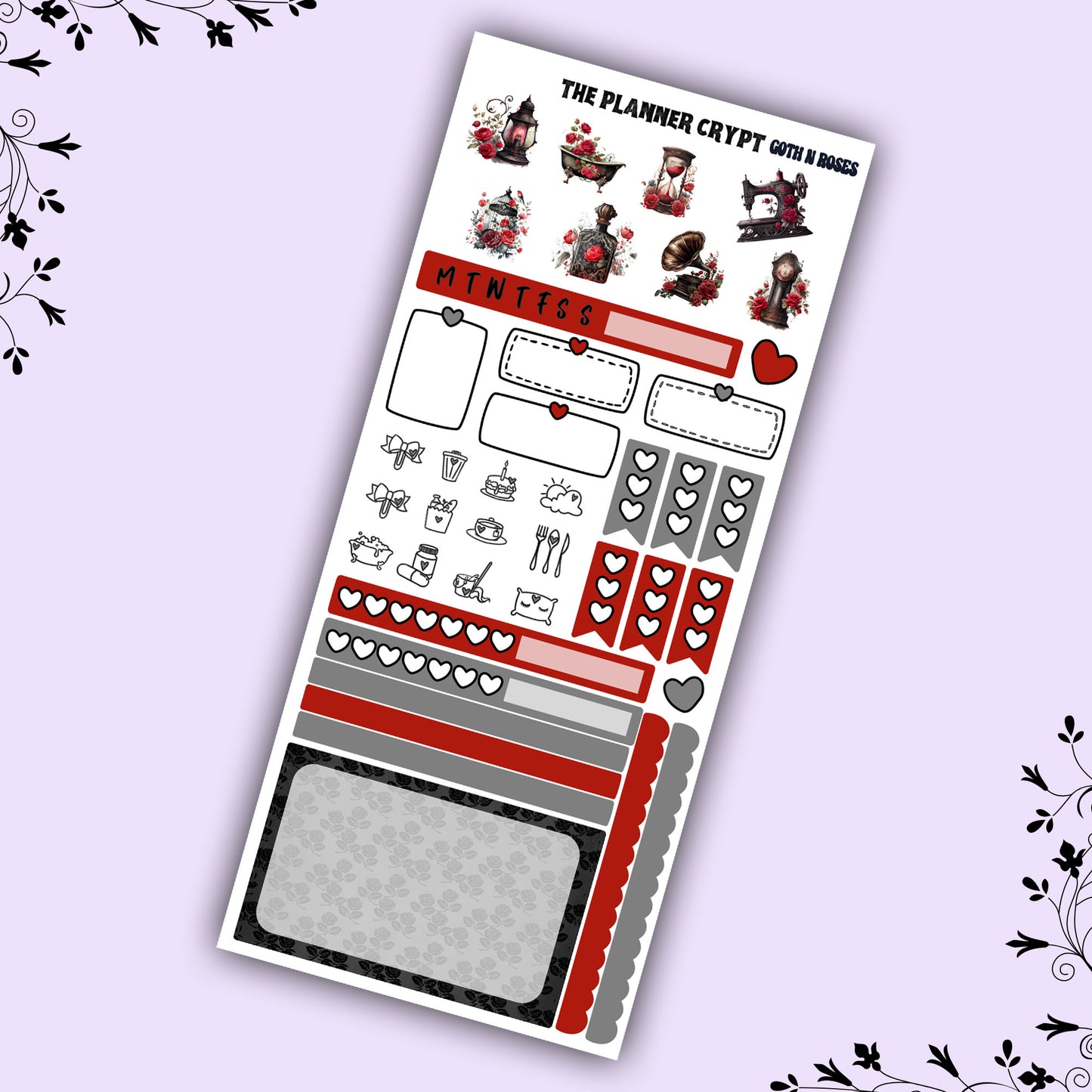 Hobonichi weeks, weekly sticker kit, hobonichi planner, goth girl stickers, functional sticker, planner stickers, goth n roses