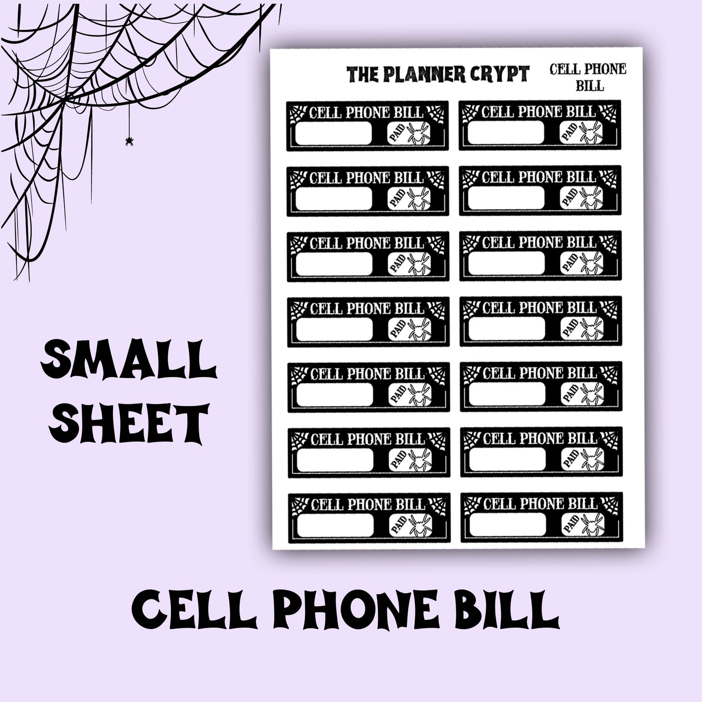 planner stickers, bill name stickers, vertical planner, gothic planner, functional stickers, black white, spiderweb stickers, header sticker