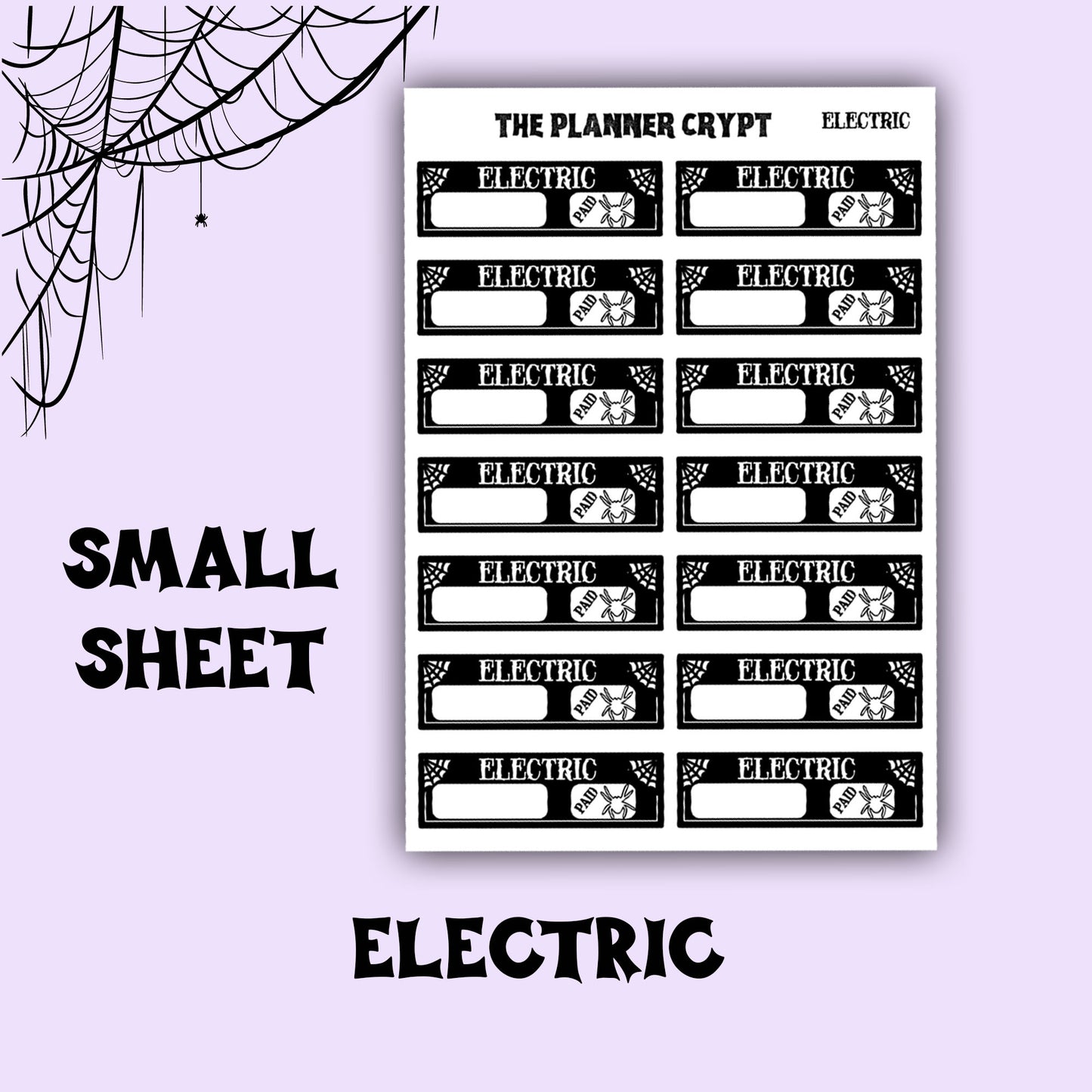 planner stickers, bill name stickers, vertical planner, gothic planner, functional stickers, black white, spiderweb stickers, header sticker