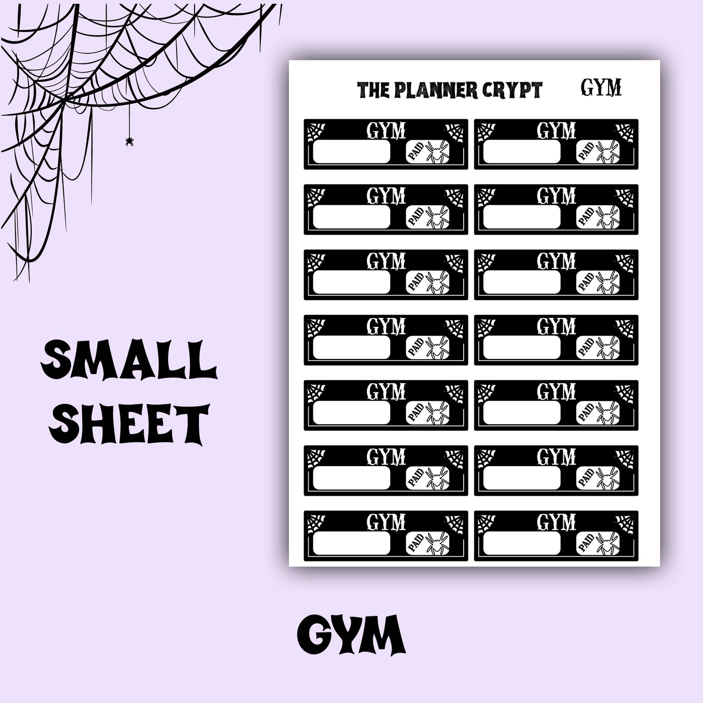 planner stickers, bill name stickers, vertical planner, gothic planner, functional stickers, black white, spiderweb stickers, header sticker
