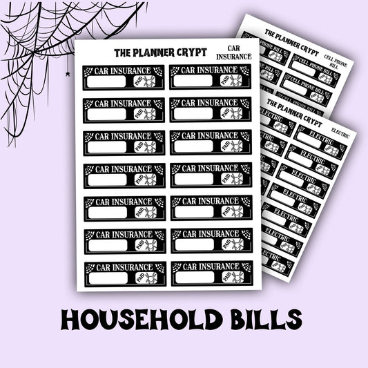 planner stickers, bill name stickers, vertical planner, gothic planner, functional stickers, black white, spiderweb stickers, header sticker