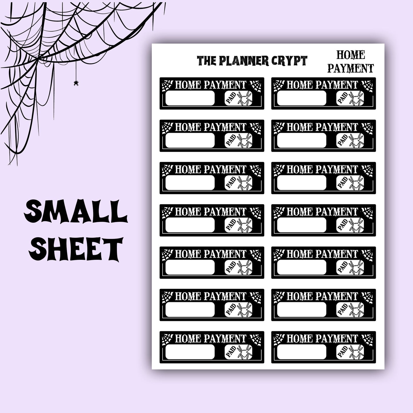 planner stickers, bill name stickers, vertical planner, gothic planner, functional stickers, black white, spiderweb stickers, header sticker