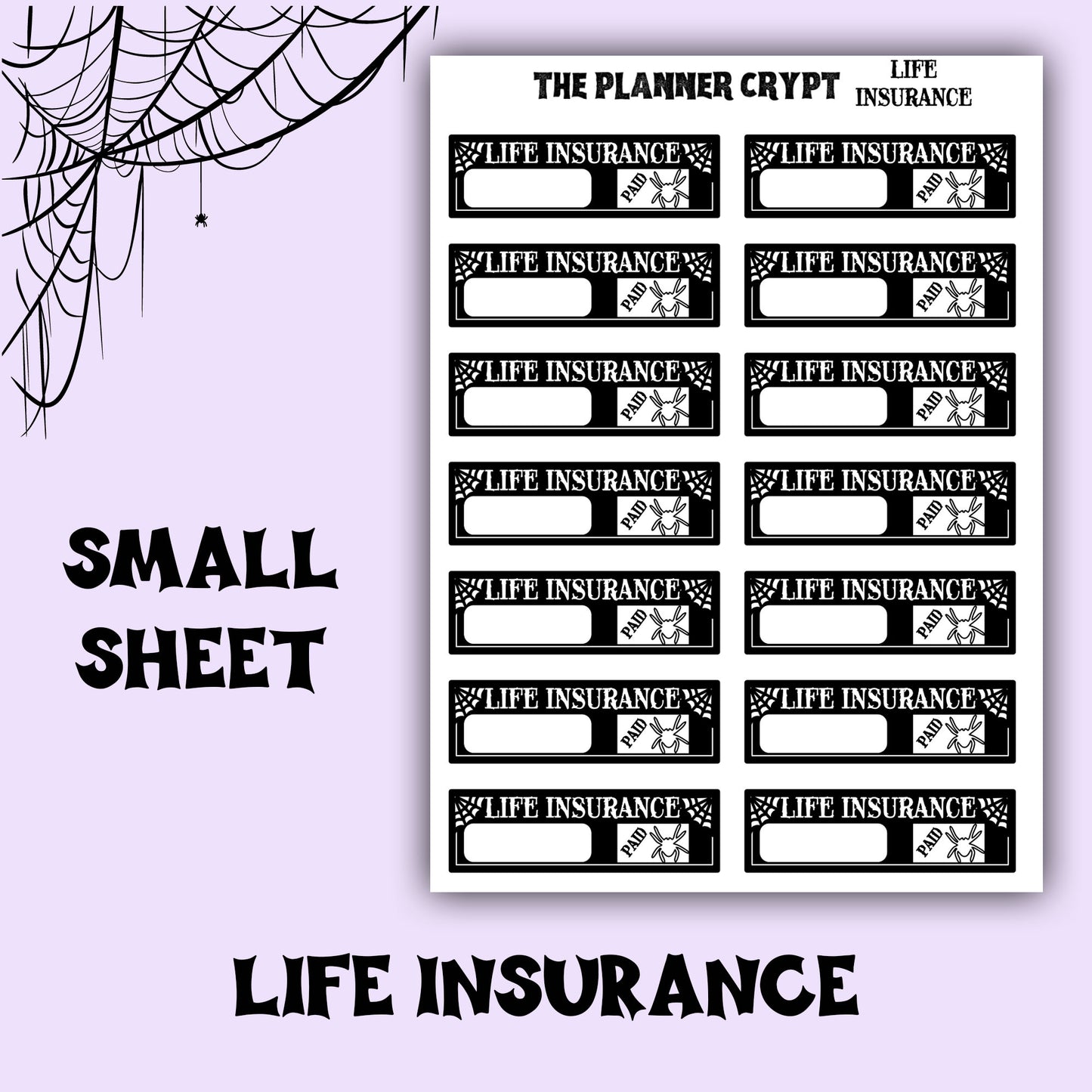 planner stickers, bill name stickers, vertical planner, gothic planner, functional stickers, black white, spiderweb stickers, header sticker