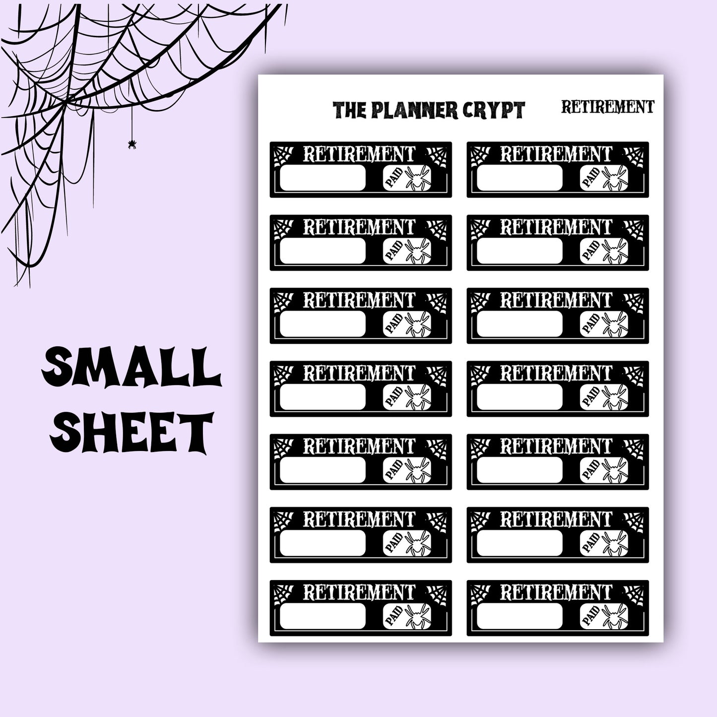 planner stickers, bill name stickers, vertical planner, gothic planner, functional stickers, black white, spiderweb stickers, header sticker