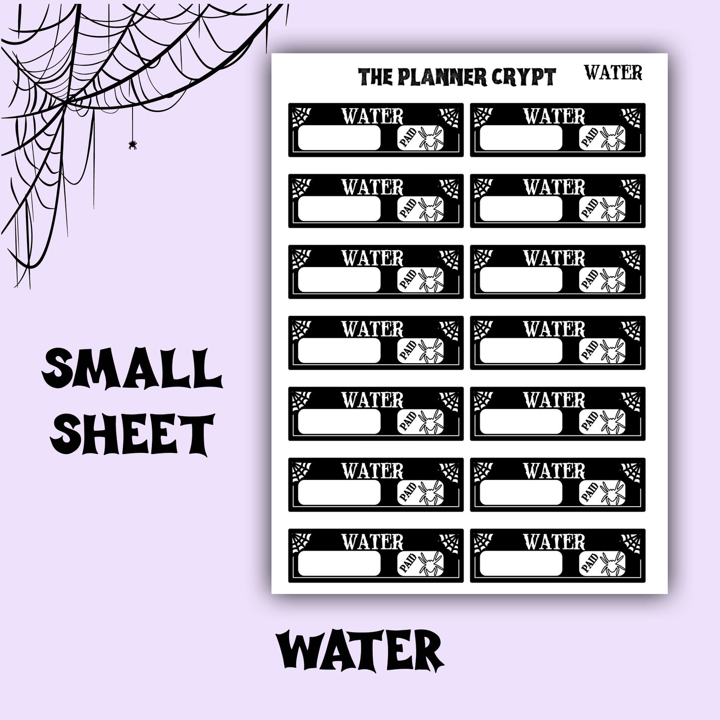planner stickers, bill name stickers, vertical planner, gothic planner, functional stickers, black white, spiderweb stickers, header sticker