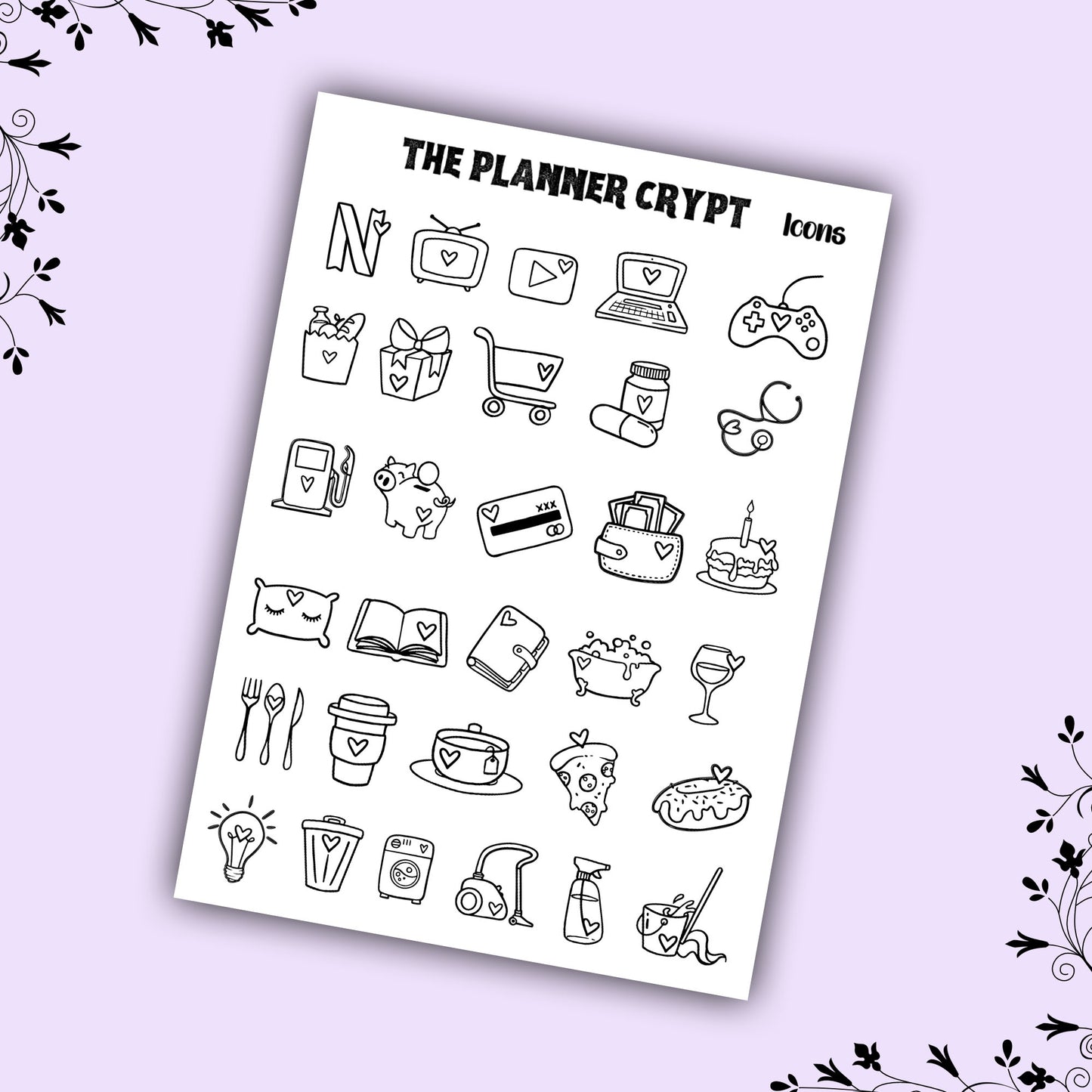 Icon stickers, functional stickers, weekly planner stickers, black and white stickers, vertical planner