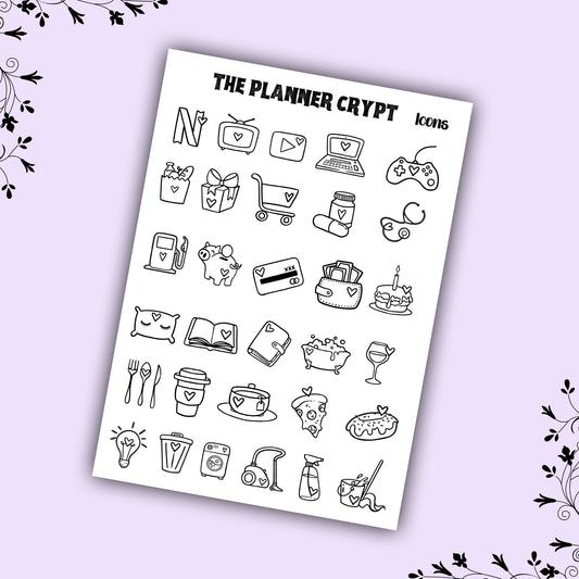 Icon stickers, functional stickers, weekly planner stickers, black and white stickers, vertical planner