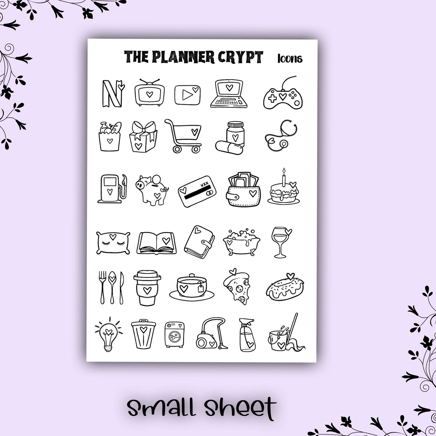 Icon stickers, functional stickers, weekly planner stickers, black and white stickers, vertical planner
