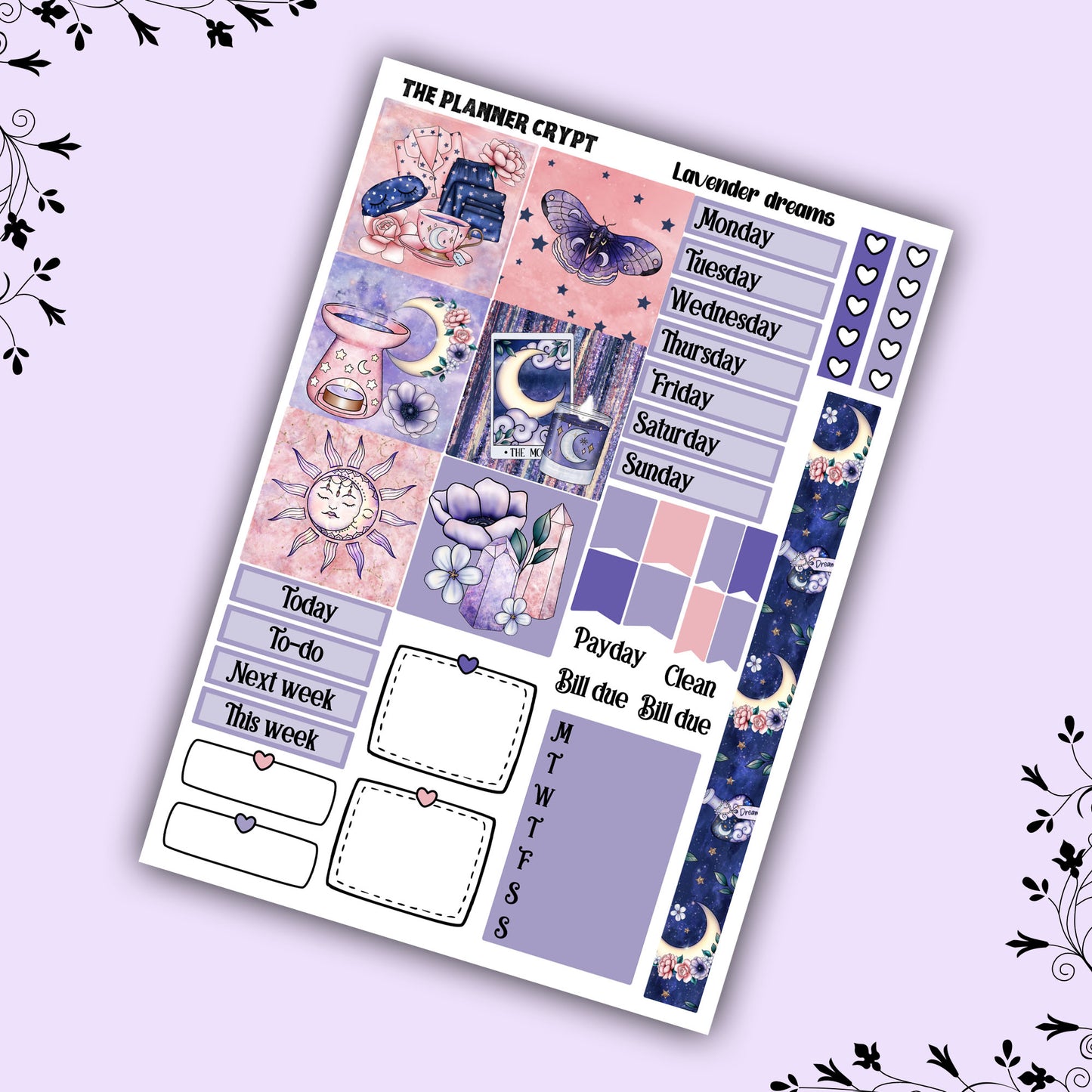 Hobonichi cousin planner sticker kit, celestial stickers, gothic planner kit, lavender dreams