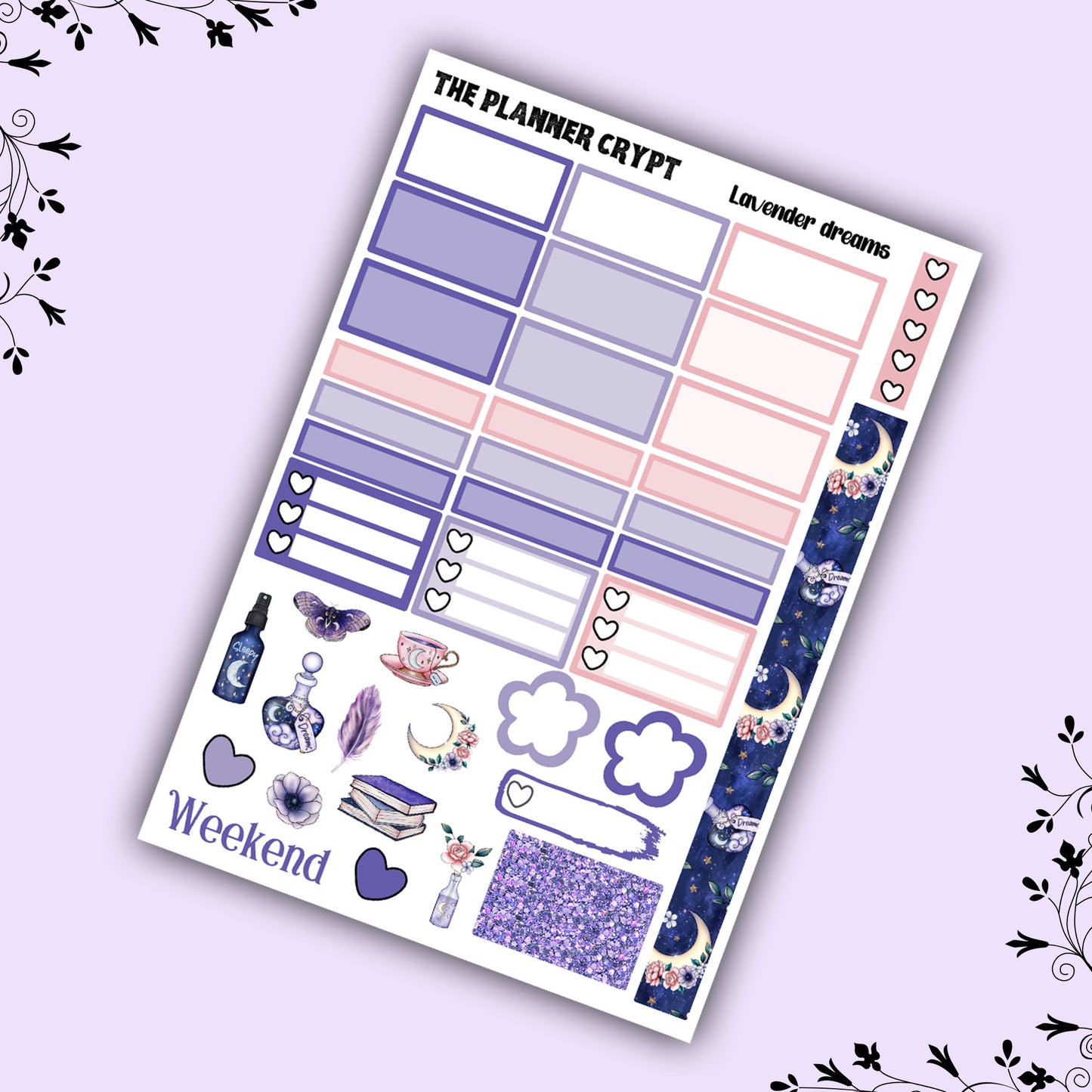 Hobonichi cousin planner sticker kit, celestial stickers, gothic planner kit, lavender dreams