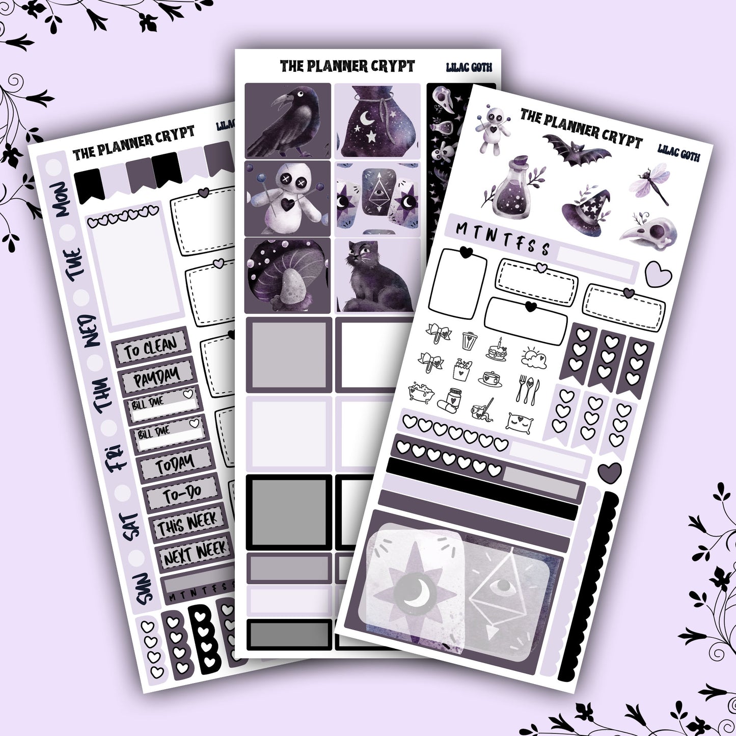 Hobonichi weeks, weekly sticker kit, witch stickers, celestial stickers, mystical stickers, witchcraft stickers, lilac goth