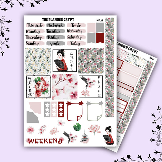 hobonichi cousin, weekly sticker kit, A5 planner, watercolour stickers, lotus flower, Japanese illustration, planner stickers