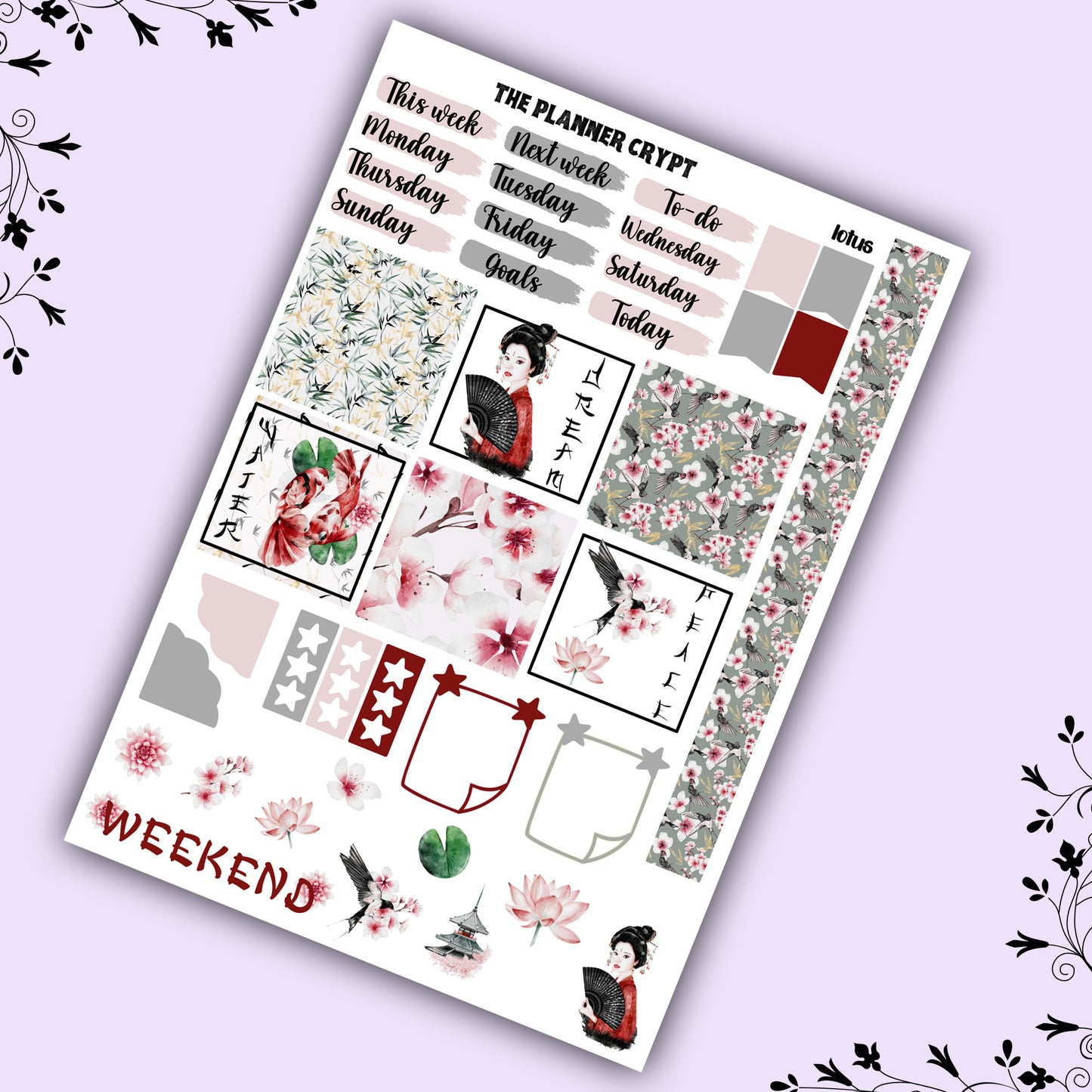 hobonichi cousin, weekly sticker kit, A5 planner, watercolour stickers, lotus flower, Japanese illustration, planner stickers