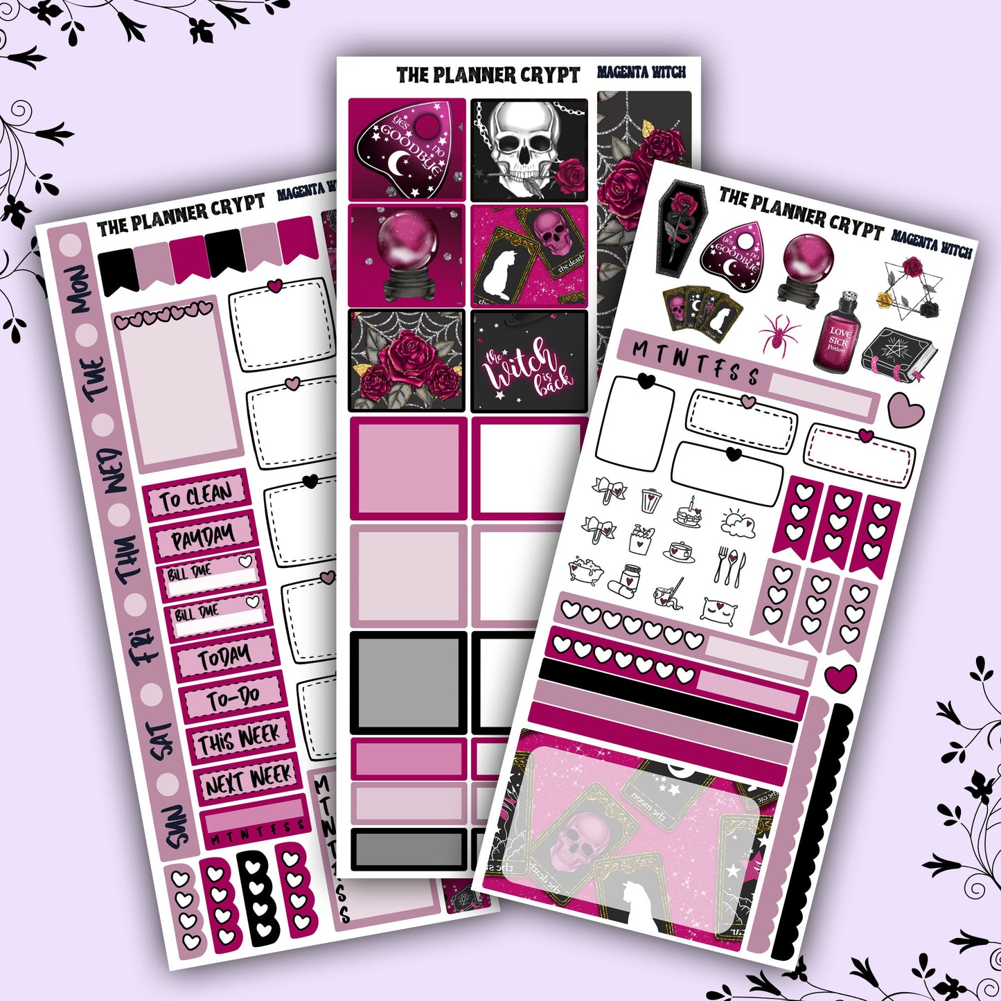Hobonichi weeks, weekly sticker kit, witch stickers, celestial stickers, mystical stickers, witchcraft stickers, Magenta witch