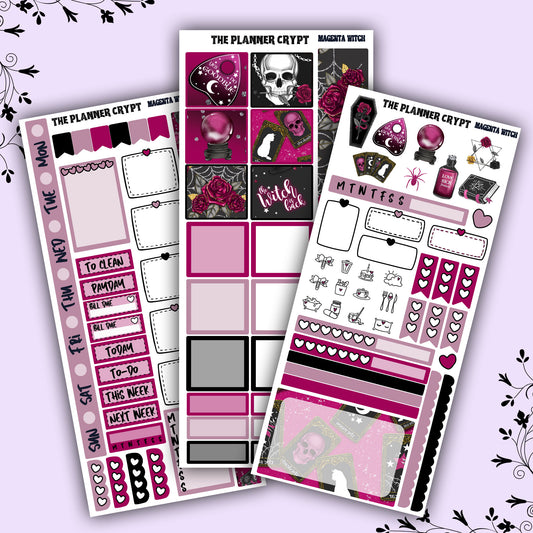 Hobonichi weeks, weekly sticker kit, witch stickers, celestial stickers, mystical stickers, witchcraft stickers, Magenta witch