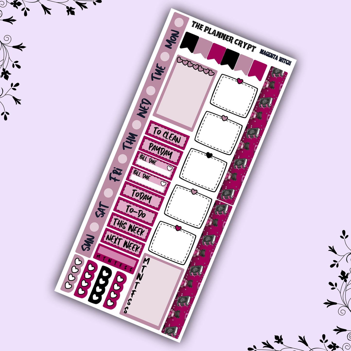 Hobonichi weeks, weekly sticker kit, witch stickers, celestial stickers, mystical stickers, witchcraft stickers, Magenta witch