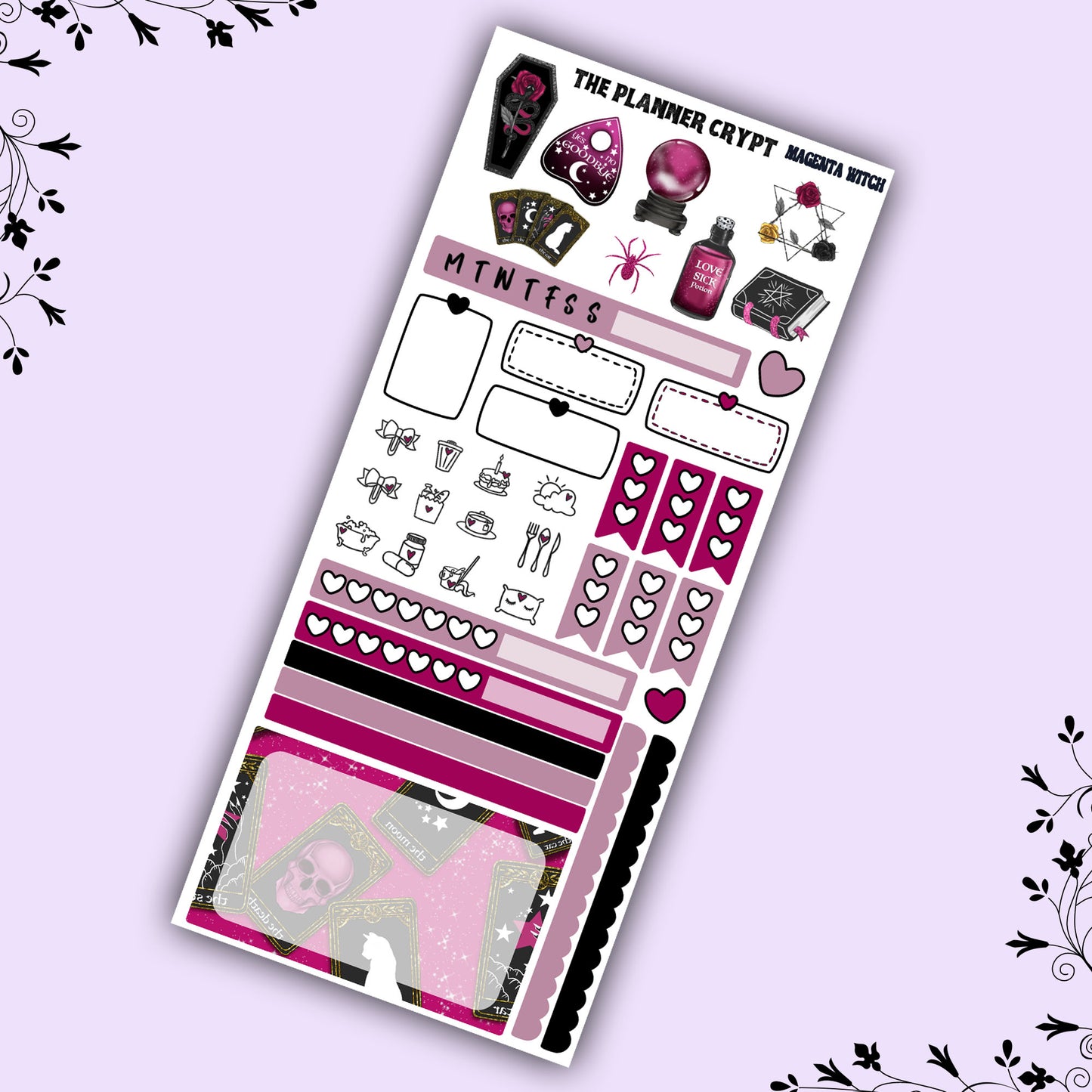Hobonichi weeks, weekly sticker kit, witch stickers, celestial stickers, mystical stickers, witchcraft stickers, Magenta witch