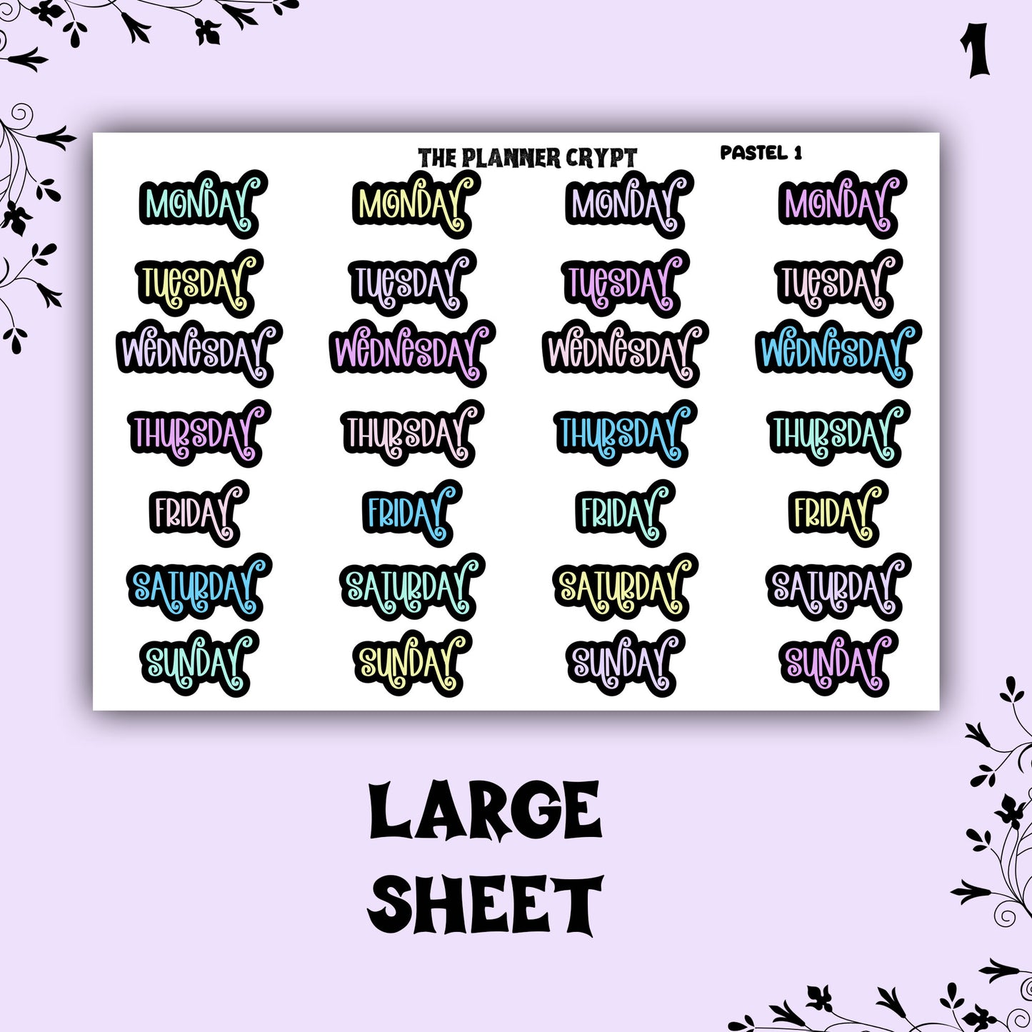 planner header stickers, weekly stickers, weekly planner stickers, pastel stickers, weekday headers, gothic planner stickers,