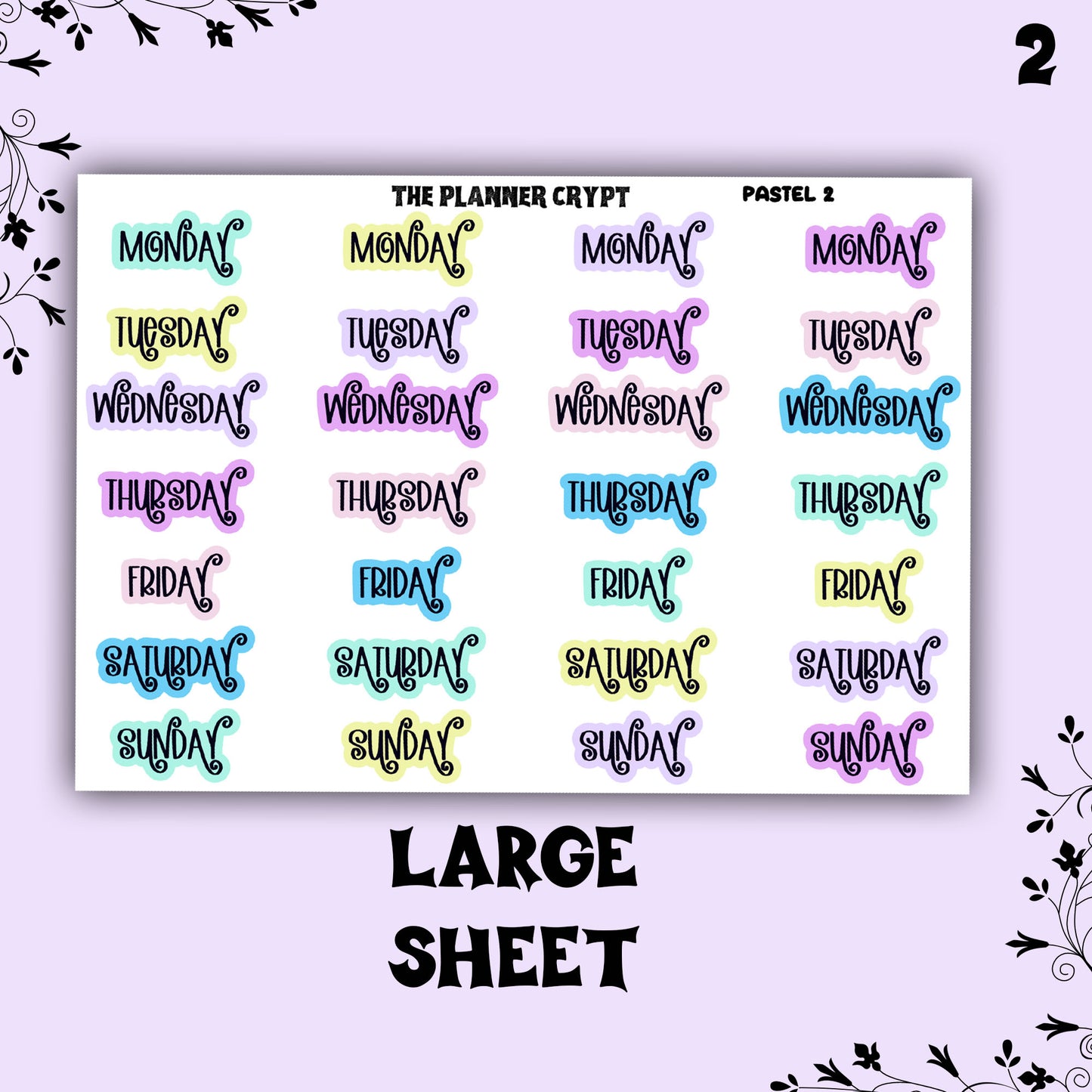 planner header stickers, weekly stickers, weekly planner stickers, pastel stickers, weekday headers, gothic planner stickers,