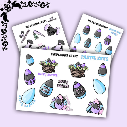easter stickers, planner stickers, pastel goth, vertical planner, small journal, cute stickers, functional sticker, spooky bunny, goth egg