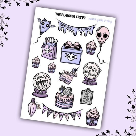 planner sticker sheet, birthday stickers, spooky stickers, pastel goth birthday, gifts for her, vertical planner, stickers, gothic planner