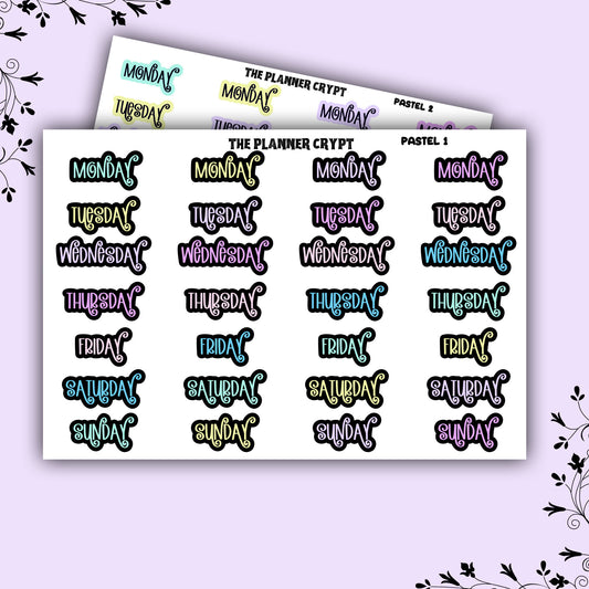 planner header stickers, weekly stickers, weekly planner stickers, pastel stickers, weekday headers, gothic planner stickers,