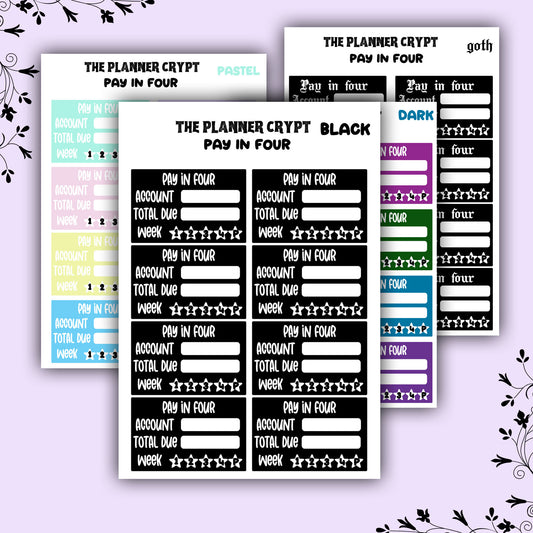 weekly planner stickers, pay in four, gothic stickers, tracking stickers, functional stickers, monthly planner stickers, budgeting stickers