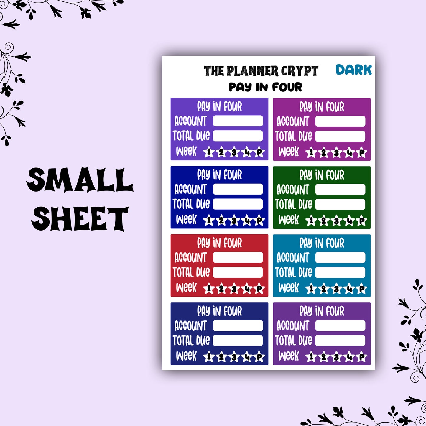 weekly planner stickers, pay in four, gothic stickers, tracking stickers, functional stickers, monthly planner stickers, budgeting stickers