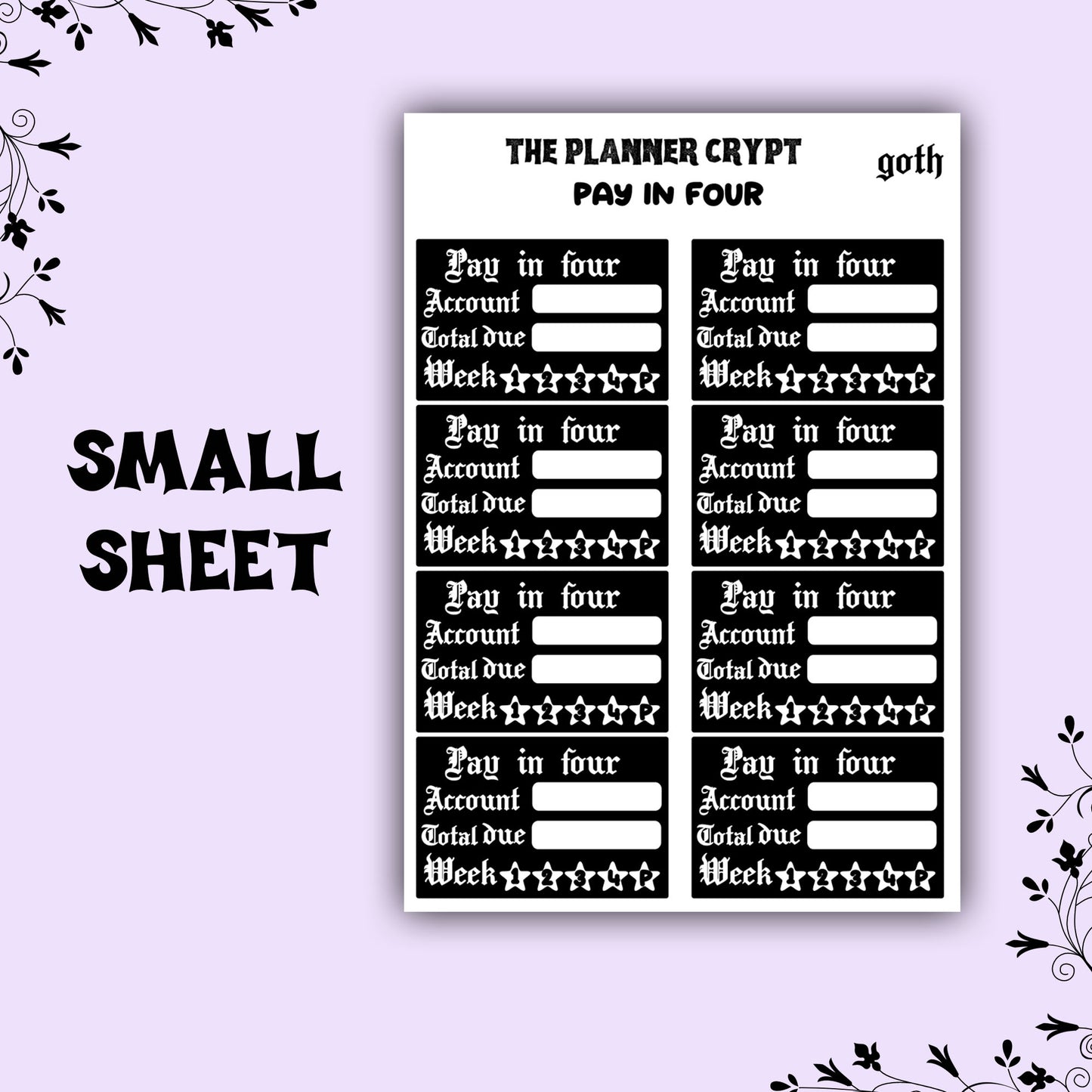 weekly planner stickers, pay in four, gothic stickers, tracking stickers, functional stickers, monthly planner stickers, budgeting stickers