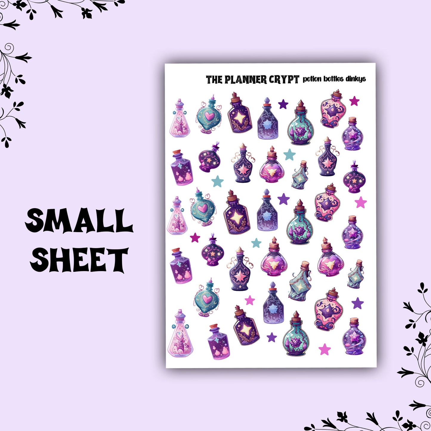 planner sticker sheet, potion bottle stickers, witchy stickers, celestial stickers, witch vibes, goth stickers, pretty stickers, moons, star
