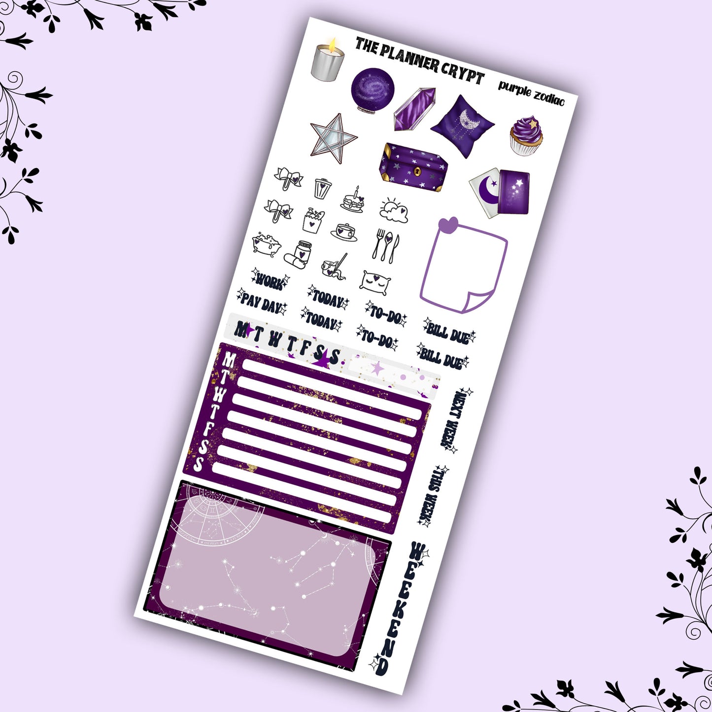 Hobonichi weeks, sticker kit, hobonichi planner, black zodiac, celestial stickers, witchy planner, hobonichi functional stickers, purple zodiac