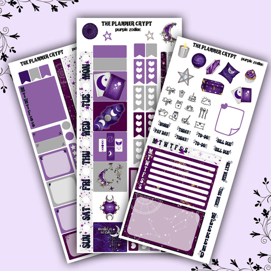 Hobonichi weeks, sticker kit, hobonichi planner, black zodiac, celestial stickers, witchy planner, hobonichi functional stickers, purple zodiac