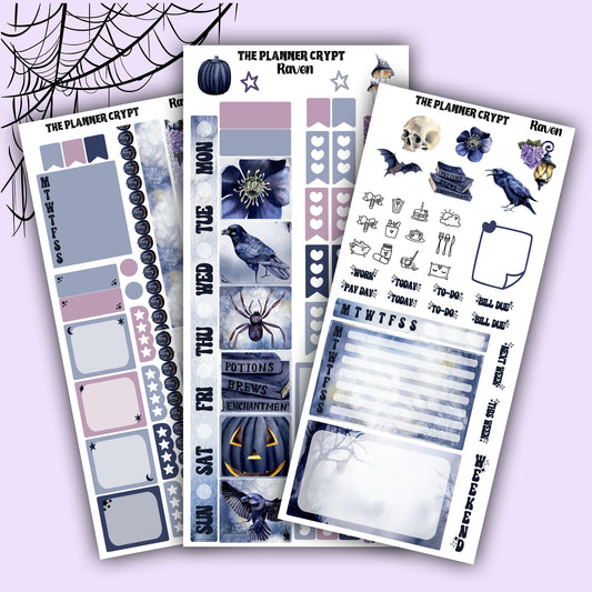 Gothic hobonichi weekly sticker kit, raven stickers, spooky stickers