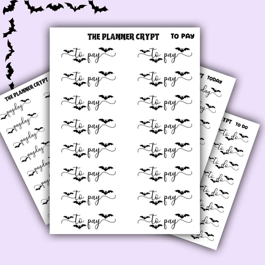 planner stickers, script words, planner sticker headers, goth planner, vertical planner, small journal, functional stickers, bat stickers