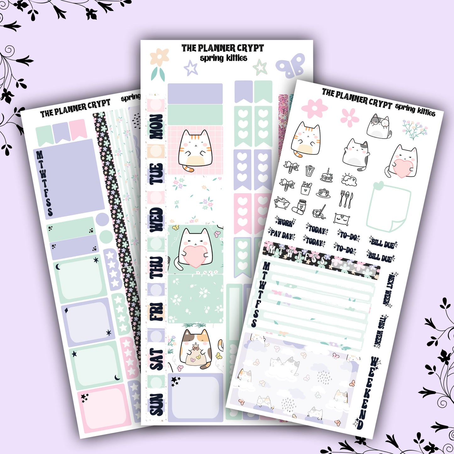 Spring kitties, Hobonichi weeks, sticker kit, hobonichi planner, cat stickers, spring stickers, hobonichi functional stickers