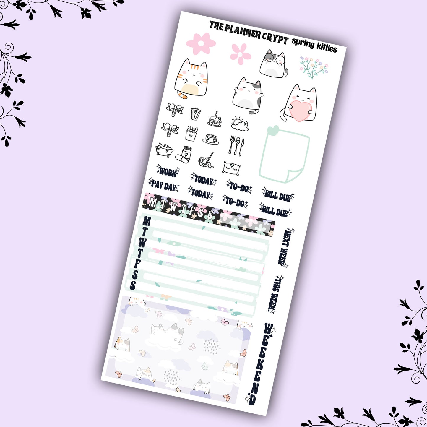 Spring kitties, Hobonichi weeks, sticker kit, hobonichi planner, cat stickers, spring stickers, hobonichi functional stickers