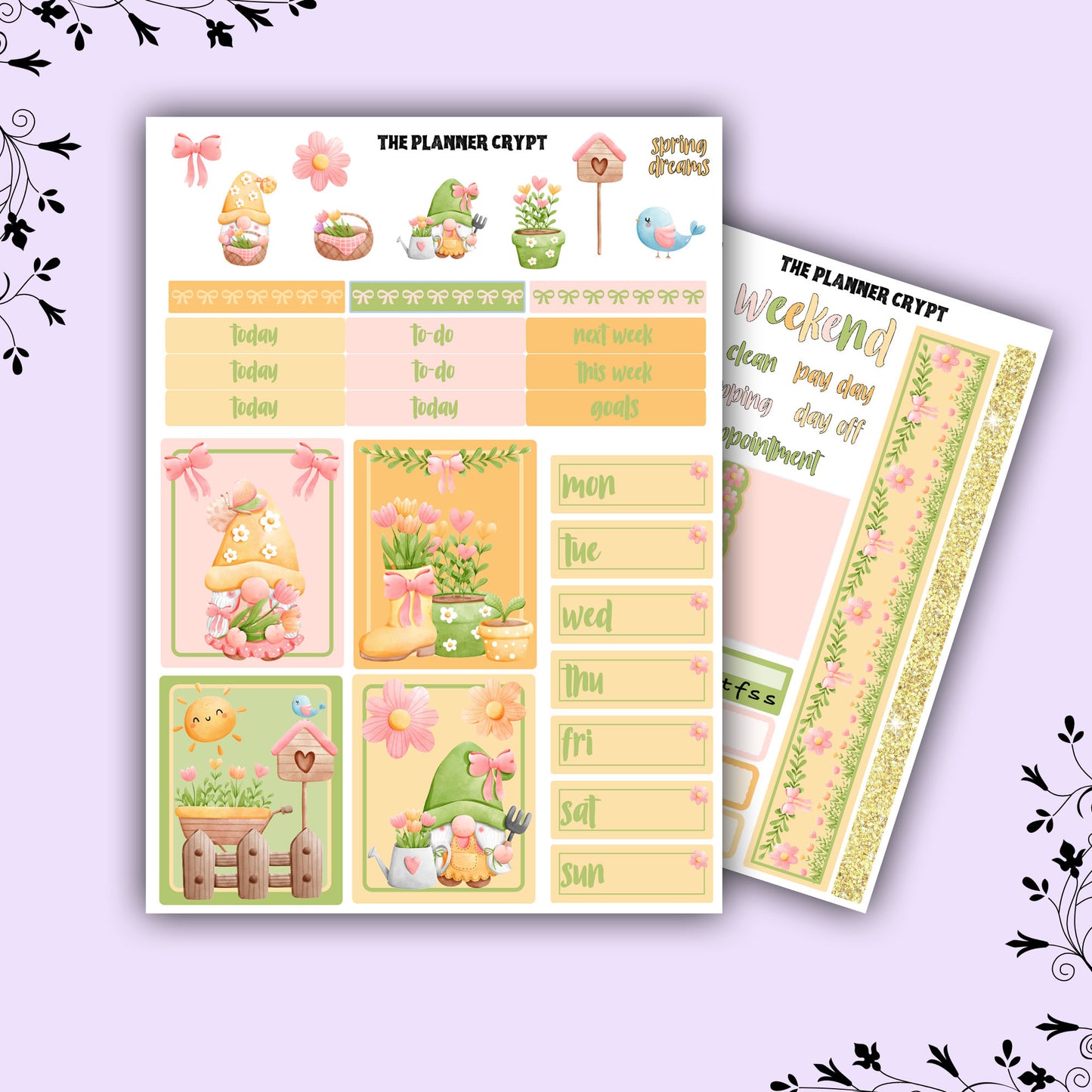weekly planner sticker kit, mini sticker kit, springtime stickers, vertical planner, gnome art, flower stickers, mini planner, cute art