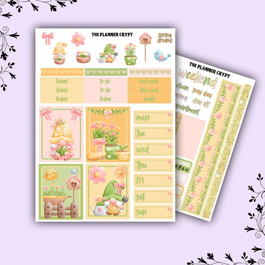 weekly planner sticker kit, mini sticker kit, springtime stickers, vertical planner, gnome art, flower stickers, mini planner, cute art