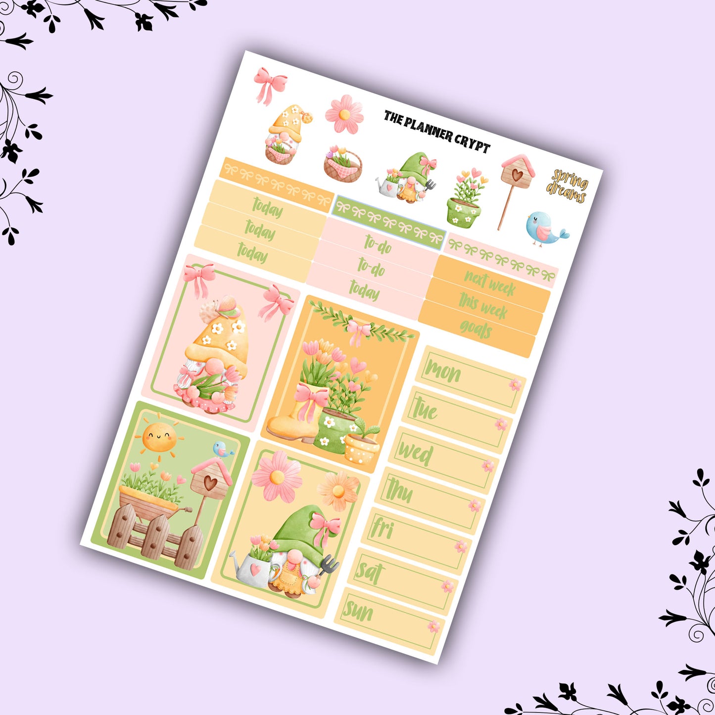 weekly planner sticker kit, mini sticker kit, springtime stickers, vertical planner, gnome art, flower stickers, mini planner, cute art