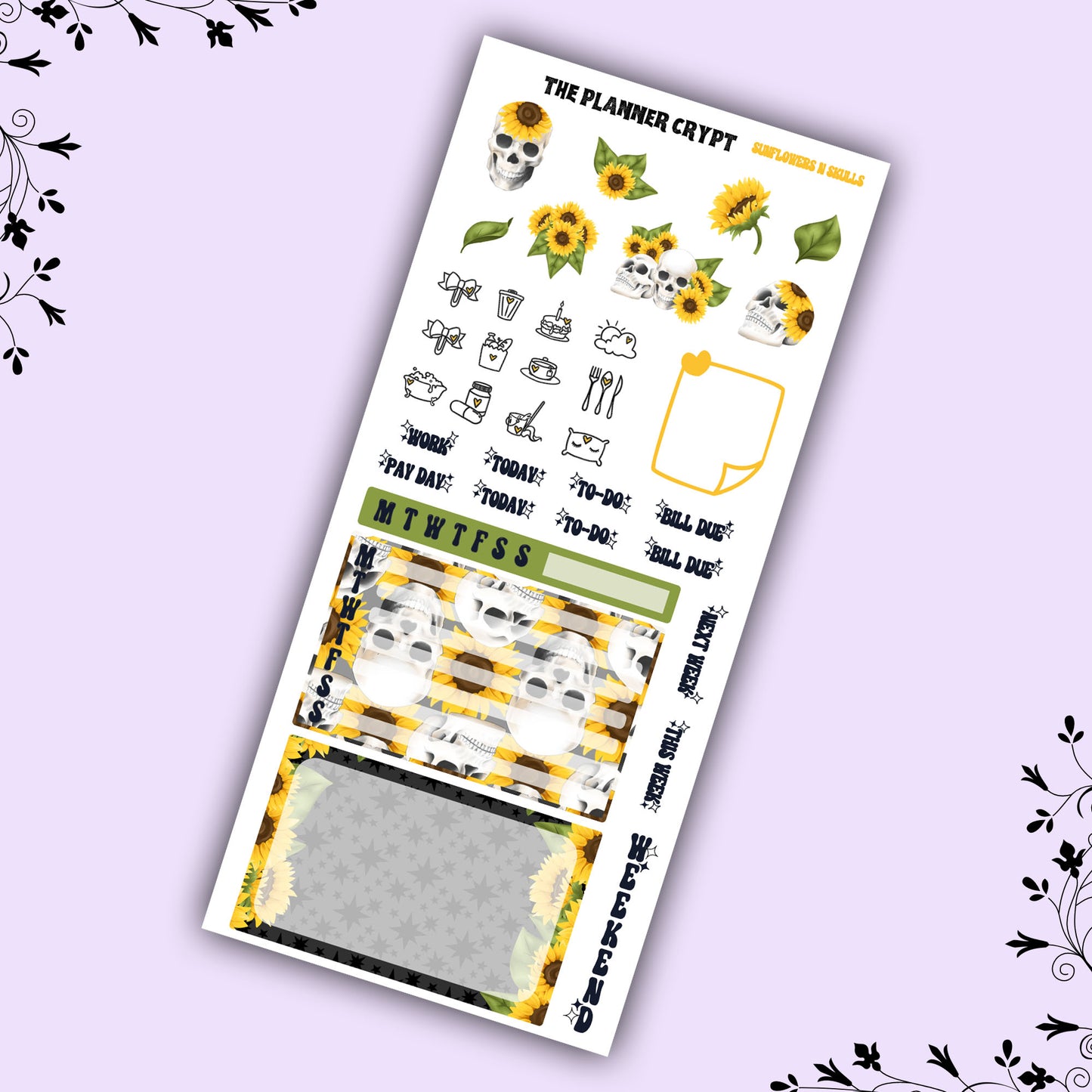 Hobonichi weeks kit, weekly sticker kit, skull stickers, gothic stickers, summer sticker, small journal, sunflower stickers, planners