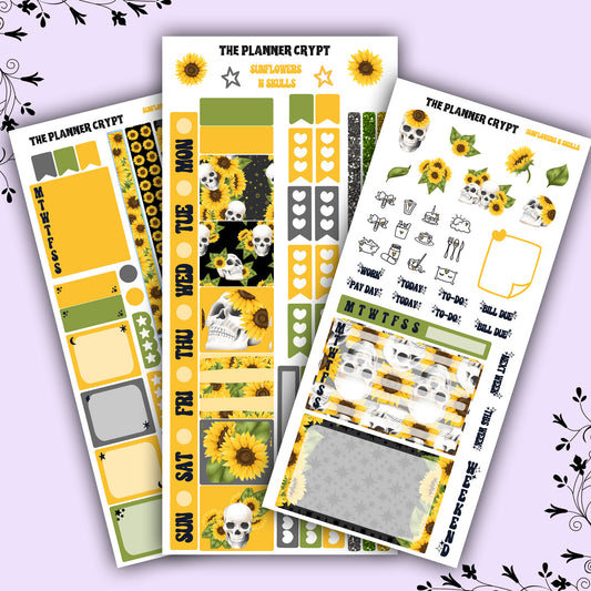 Hobonichi weeks kit, weekly sticker kit, skull stickers, gothic stickers, summer sticker, small journal, sunflower stickers, planners